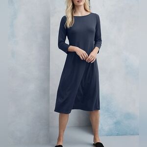 Eileen Fisher Ocean Blue Stretch-Jersey 3/4 Sleeve Bateau-Neck Midi Dress
